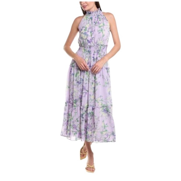 Taylor Dresses & Skirts - Taylor Chiffon Purple Floral High Neck Tiered Maxi Dress